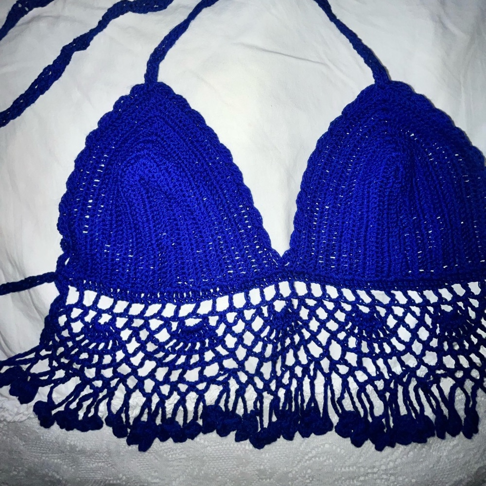 Hand crocheted blue bikini top, S
